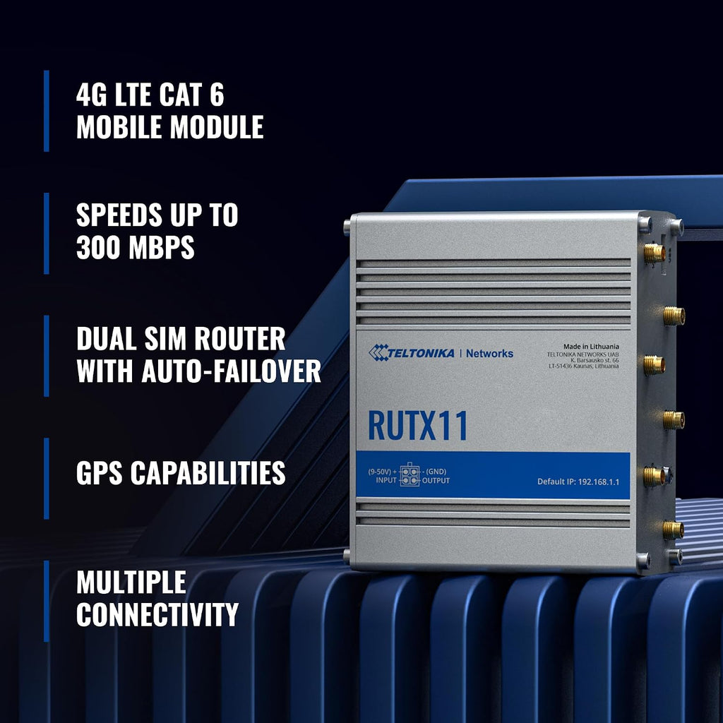 Teltonika RUTX11 Industrial Cellular WiFi Router Dual SIM Card Slot - 4G LTE CAT 6, Speeds Up to 300 Mbps - LAN, WiFi, & Bluetooth LE Connectivity - RMS Compatible, Auto Failover (TELRUTX11100400)