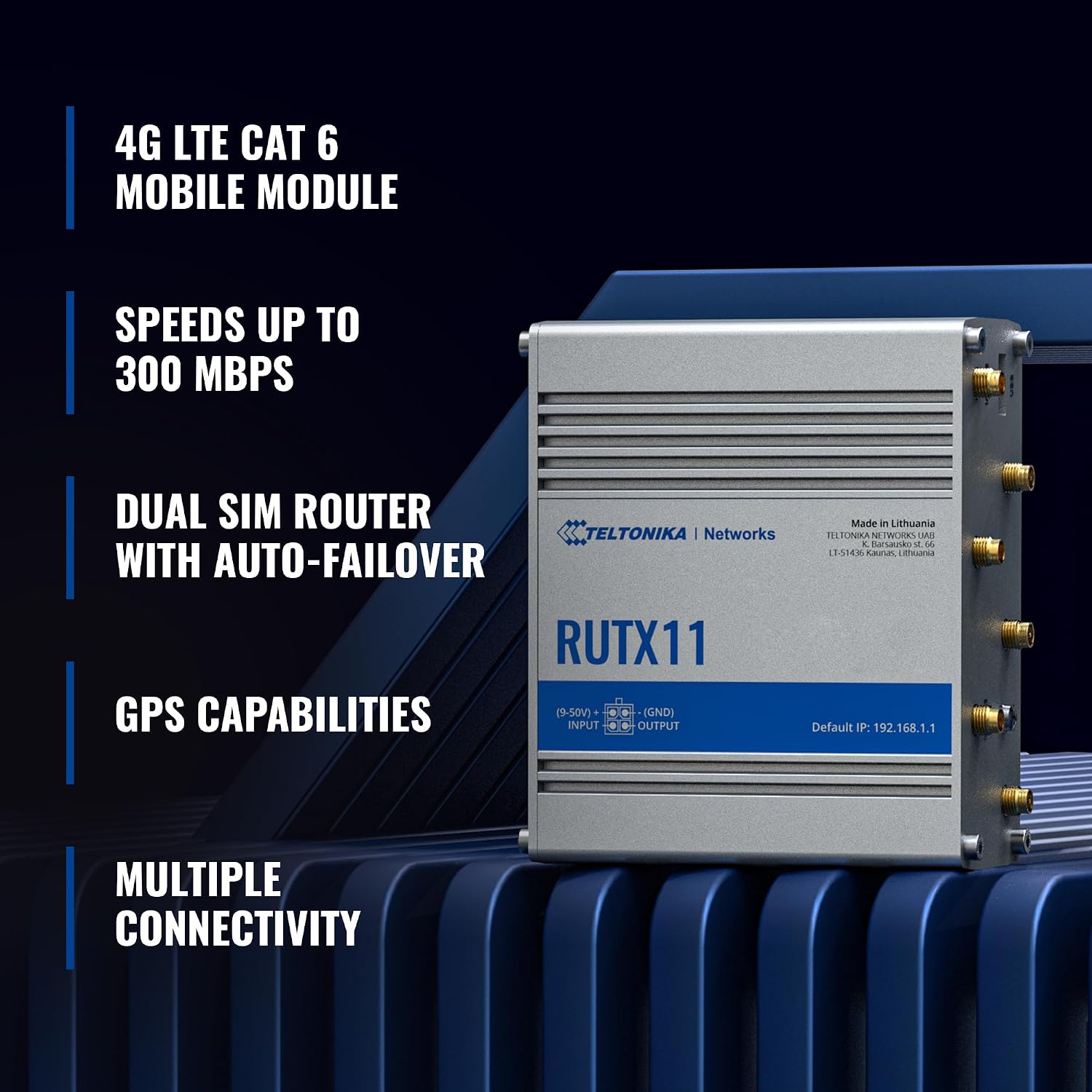 Teltonika RUTX11 Industrial Cellular WiFi Router Dual SIM Card Slot - 4G LTE CAT 6, Speeds Up to 300 Mbps - LAN, WiFi, & Bluetooth LE Connectivity - RMS Compatible, Auto Failover (TELRUTX11100400)