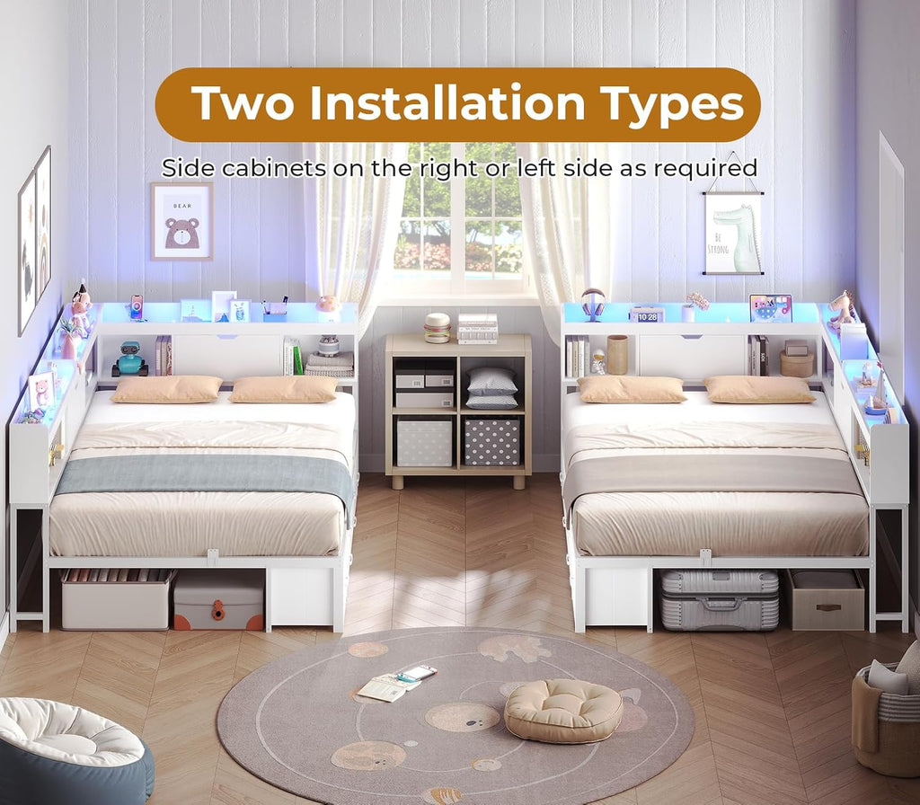 AOGLLATI Full Size Corner Bed Frame with 6 Storage Drawers and Bookcase Hidden Headboard, Full Bed Frame Metal Platform Daybed with Charging Station and LED Lights for Kids Teens, White