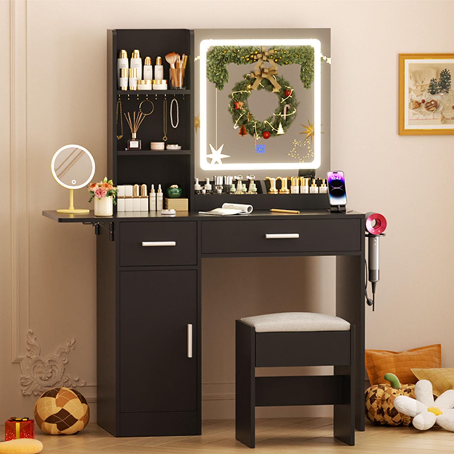 ERLEJIA Vanity Desk with Mirror and Lights & Extral Foldable Desk, 35.43' & 43.3' Makeup Vanity Table with Stool and Plug Outlet, 5 Drawers and Open Shelves Dressing Table for Bedroom,Black