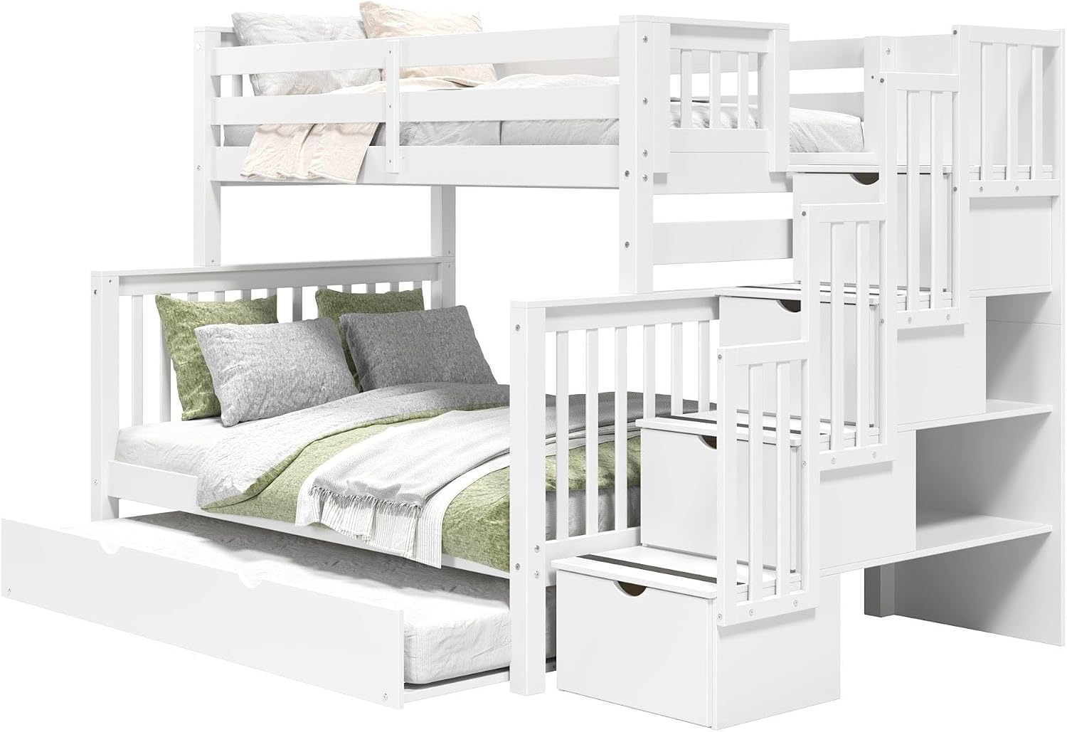 Bedz King Stairway Bunk Beds Twin Over Full, 4 Step Drawers, Twin Trundle, White