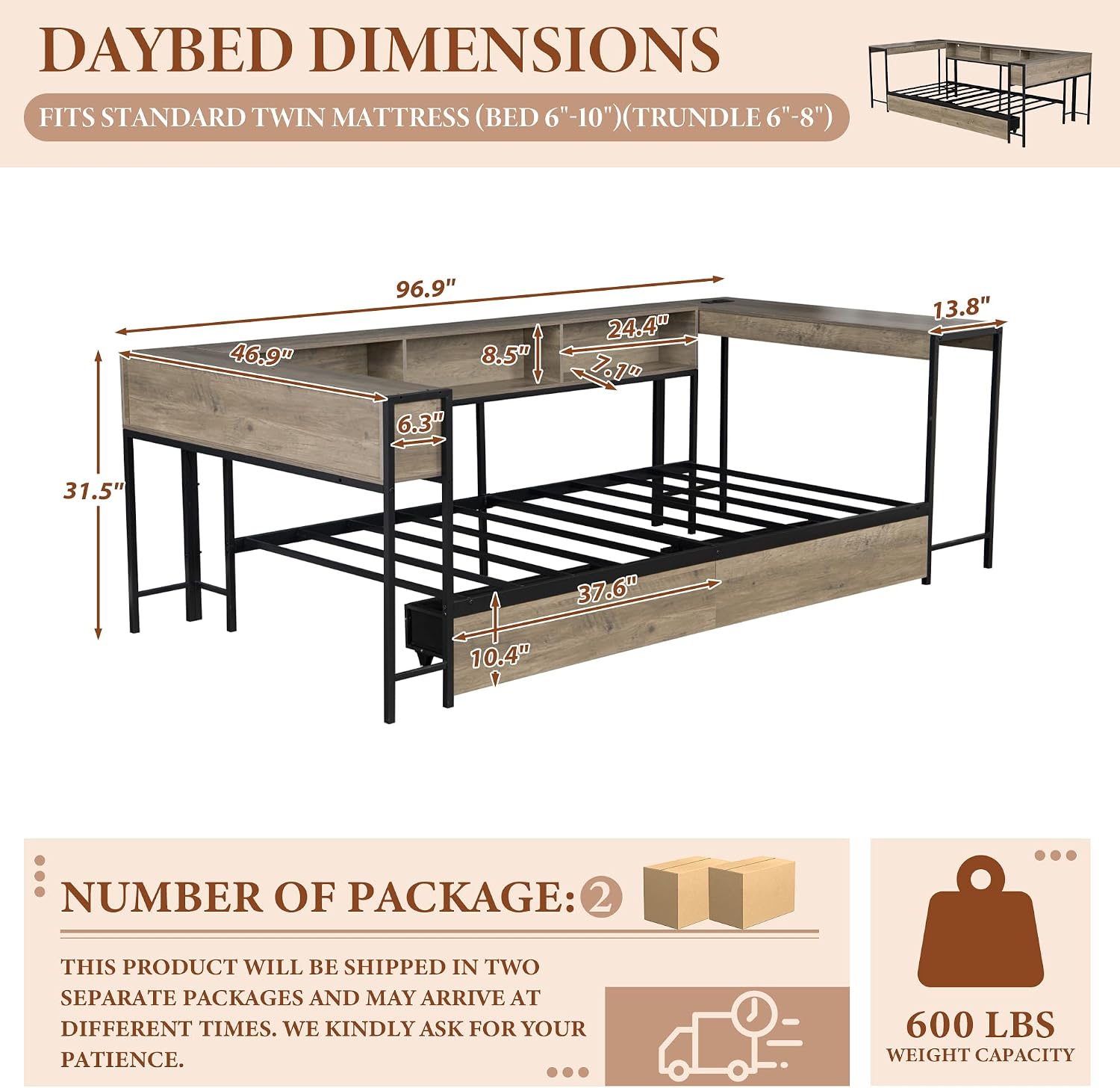 TTK Twin Size Corner Bed Frame with LED Lights, Bookcase Headboard, 2 Storage Drawers, Charging Station & Hutch Desk – Modern Metal Daybed for Bedroom, Guest Room or Living Room, Brown (Twin)