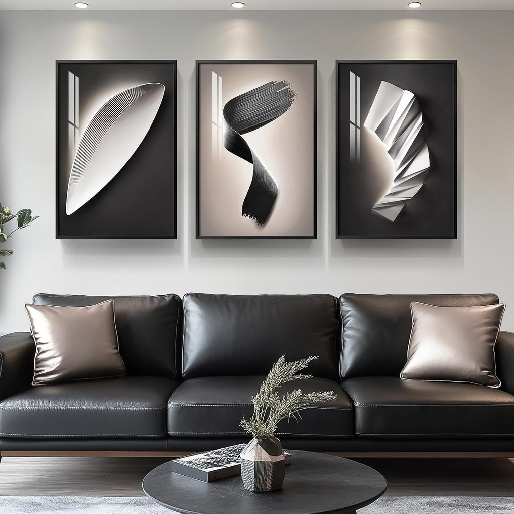 Large Framed Modern Abstract Wall Art 3 Piece Set, Black and White Decorative Artwork, Minimalist Trendy Line Geometric Bright Style Pictures Prints for Living Room Hallway and Office 20x30 Inch
