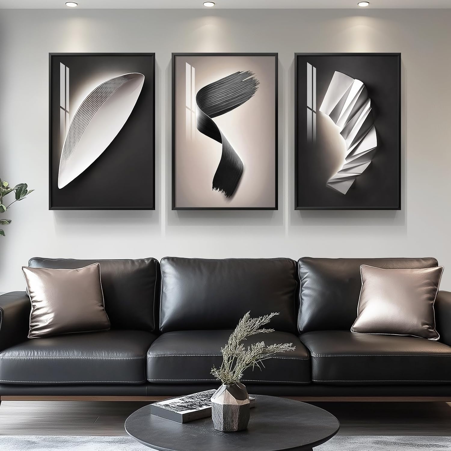 Large Framed Modern Abstract Wall Art 3 Piece Set, Black and White Decorative Artwork, Minimalist Trendy Line Geometric Bright Style Pictures Prints for Living Room Hallway and Office 20x30 Inch