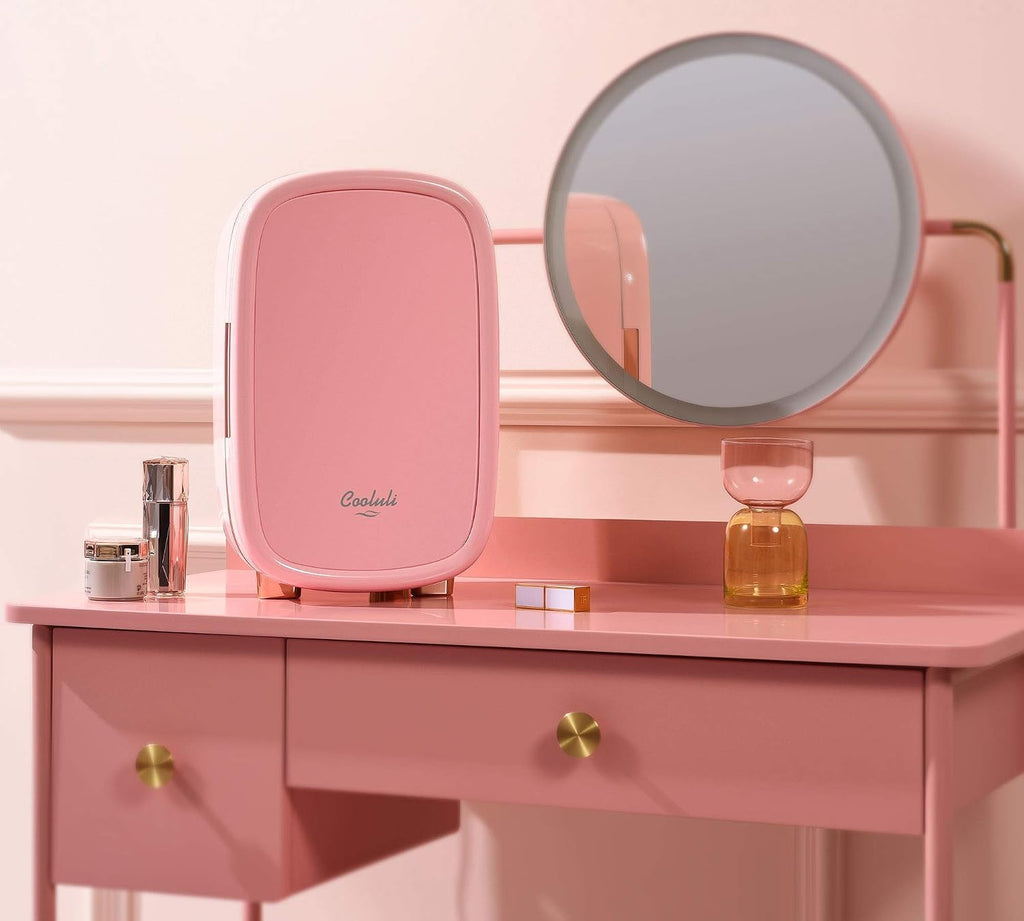 Cooluli Beauty 12L Makeup Fridge - Pink Mini Fridge for Skin Care Accessories, Cosmetics and Facial Masks Storage - Interior LED Lights - for Women & Teen Girls Room