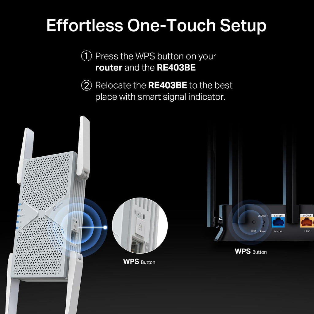 TP-Link BE6300 Wi-Fi 7 Range Extender RE403BE w/ 2.5G Port | 6.3 Gbps Dual-Band Wireless Repeater | Internet Signal Booster for Home | Up to 2800 sq.ft, 64 Devices | MLO, EasyMesh | No 6 GHz Band