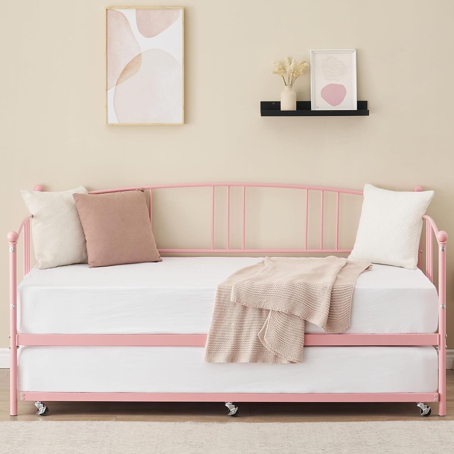 GarveeHome Daybed with Trundle, Sturdy Metal Day Bed with Steel Slat Support, Trundle Bed Twin with Arched Headboard, SofaBed for Living Room, Bedroom and Guest Room, Pink
