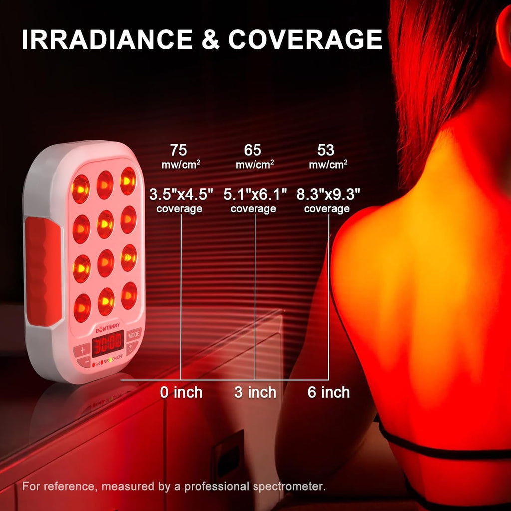 BONTANNY Portable Red Light Therapy, 630/660/810/830/850nm 5 Wavelengths Mini Handheld Red Near Infrared Light, 12 Triple Chip Clinical Grade LEDs, Rechargeable, Travel Case, Timer, for Body, BO-60