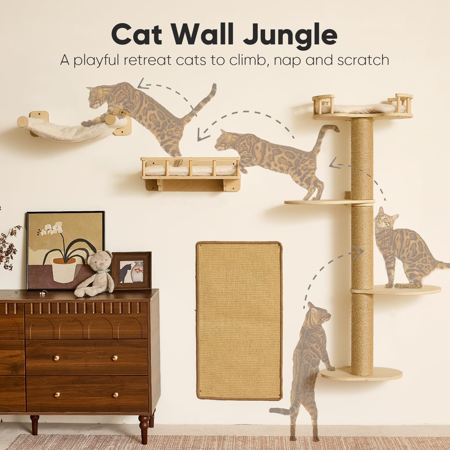FUKUMARU Cat Wall Shelves, 4 in 1 Stable Wooden Wall-Mounted Furniture Set, Climbing Tree with Hammock, Bed, Perch and Scratching Mat (Beige)