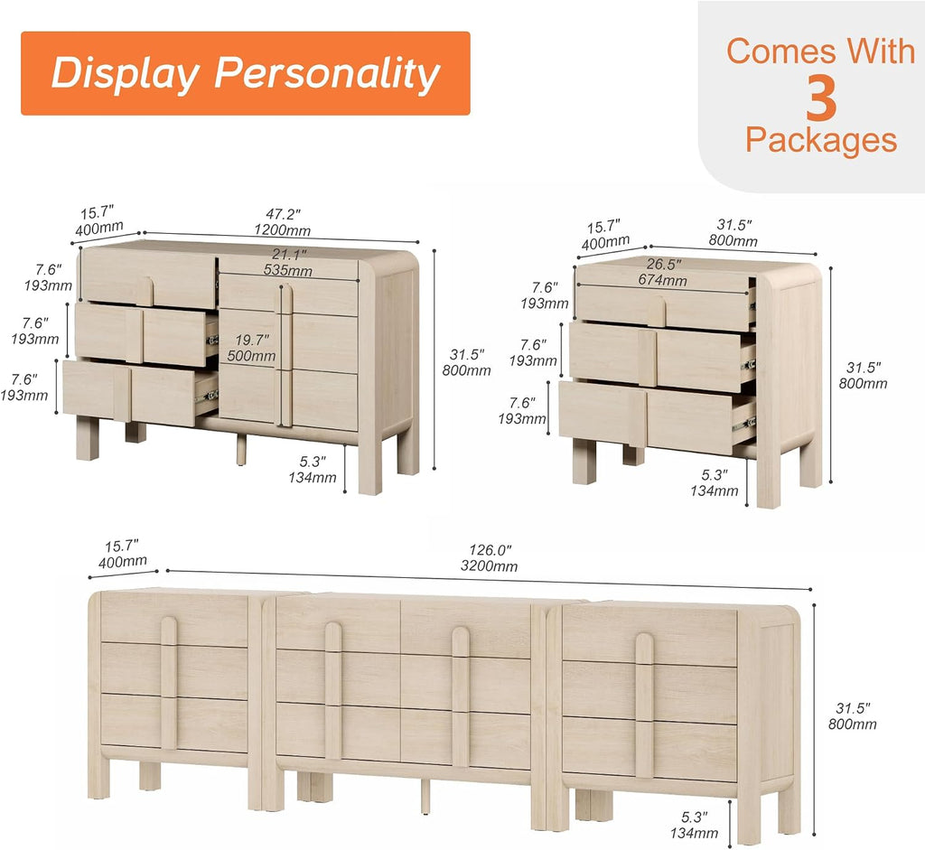 WAMPAT 3 Piece Bedroom Dresser Set, 110.2' Wide Mid Century Modern Chest of Drawers with Curved Handles, Dresser TV Stand with 12 Drawers, Wood Drawer Organizer for Bedroom, Light Oak