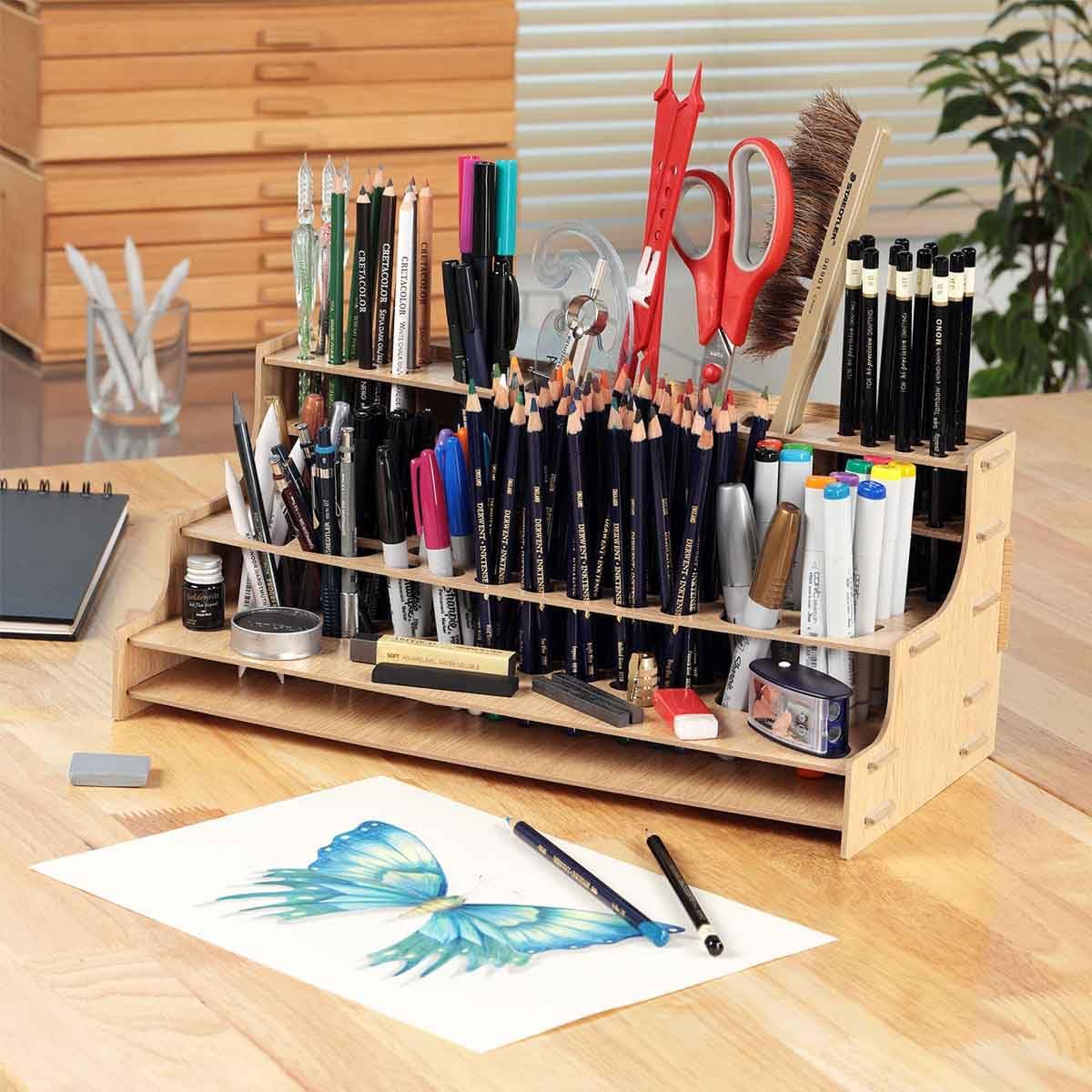 HG Art Concepts Mezzo Artist Drawing Rack, 15 Pack - Wood Grain Laminate Multi Layer Desk Stand Professional Storage Display Organizer for Pens, Pencils, Drafting and all other Drawing Tools