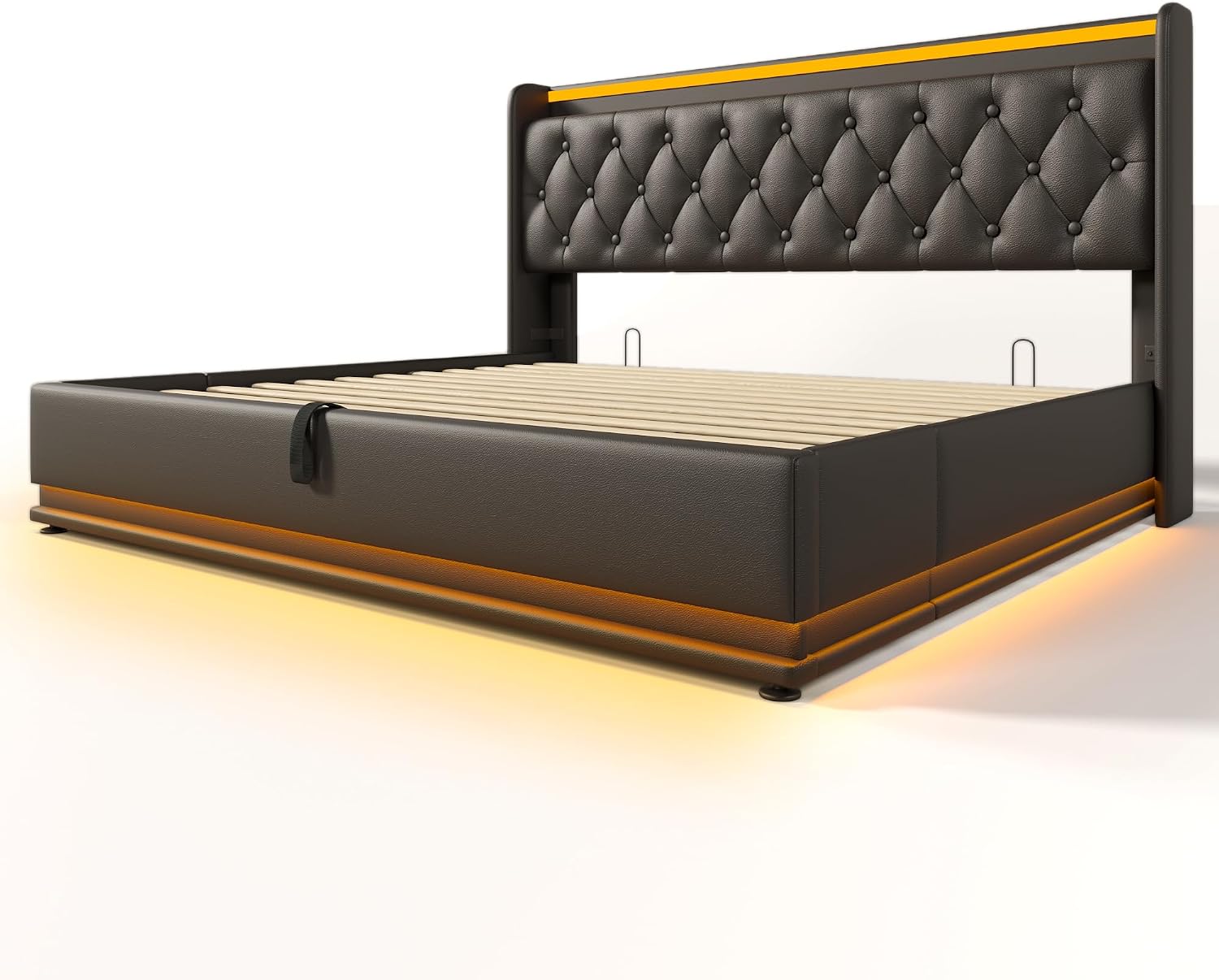 Twin Size Upholstered Bed Frame with 360° LED Lights, Hydraulic Storage, USB Charging, Modern Platform Bed with Headboard, Remote App Control for Teen, Guest Room, Small Space (Black + King)