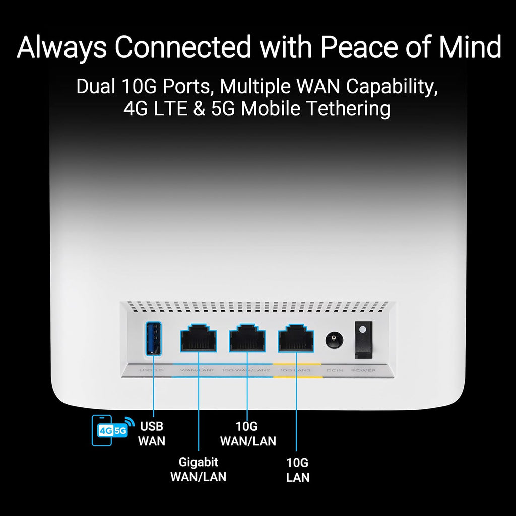 ASUS ZenWiFi BT10 Tri-Band WiFi 7 Mesh, 18 Gbps, 3000 sq.ft (1pk), Dual 10G Ports, Security and Parental Controls Included, Smart Home Master SSIDs, 4G & 5G Mobile Tethering