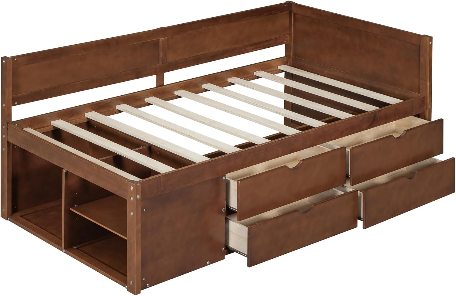 Twin Size Daybed with 4 Pull-Out Drawers and 3 Functioning Shelves,Solid Wood Day Bed Frame with Wooden Slats Support for Bedroom,No Box Spring Required (Walnut-AB40)