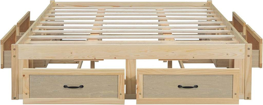 Queen Size Wooden Platform Bed with 6 Storage Drawers, No Box Spring Needed (Antique Natural, Queen)