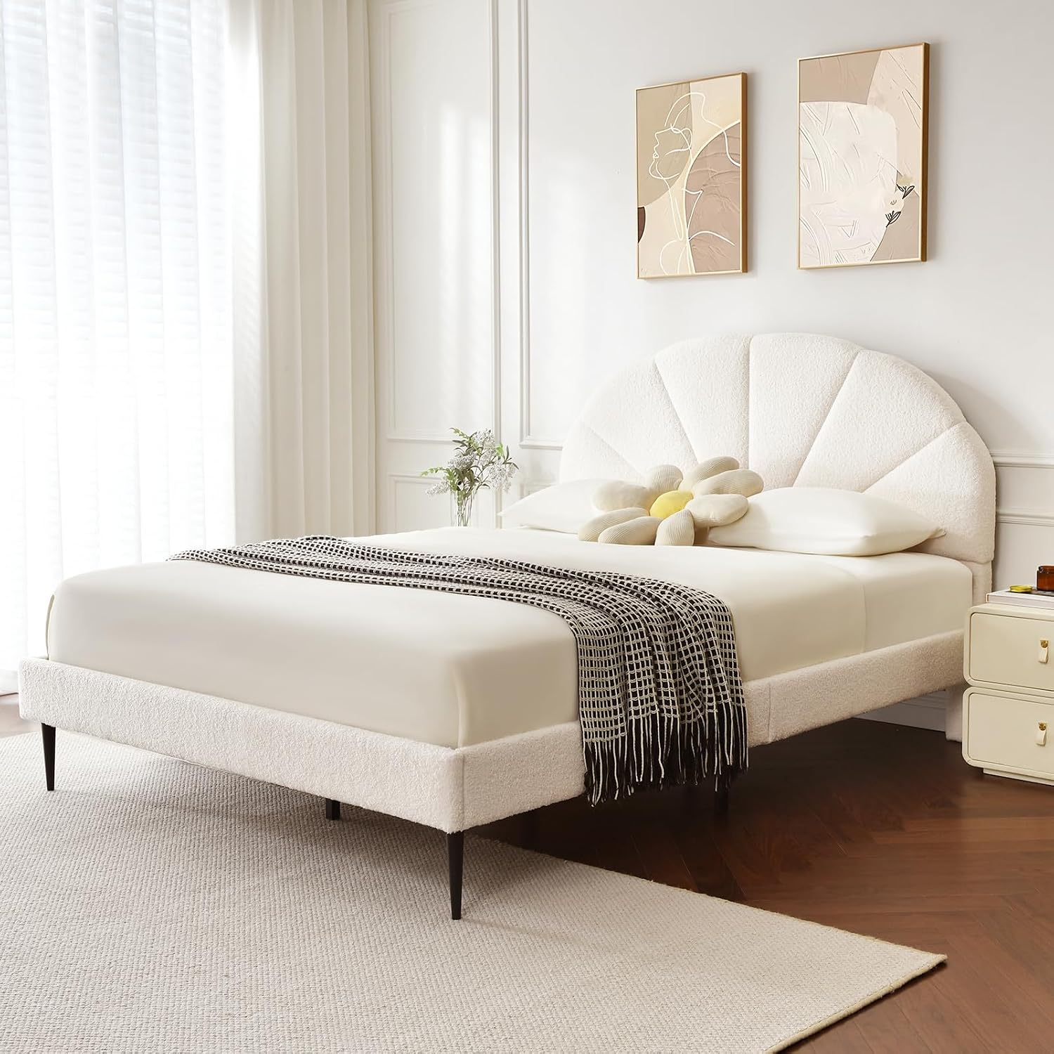 VELOCAVA Upholstered Queen Bed with Seashell Headboard, Soft Boucle Platform Bed with Rounded Corners Design, Wooden Slats Support, No Box Spring Needed, Easy Assembly, Cream White