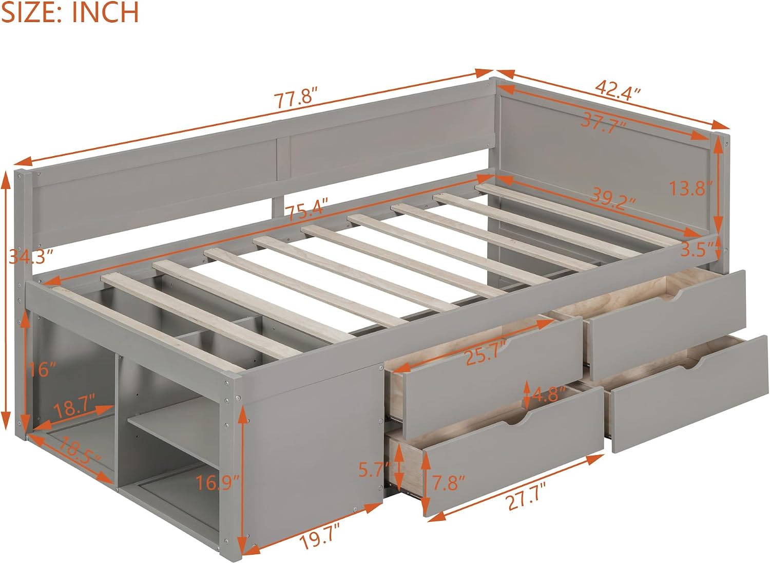 Twin Size Daybed with 4 Pull-Out Drawers and 3 Functioning Shelves,Solid Wood Day Bed Frame with Wooden Slats Support for Bedroom,No Box Spring Required (Gray-AB40)