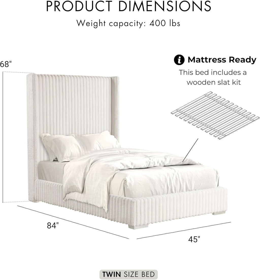 Furniture of America Plutforn Modern Wood 45-inch Twin Platform Bed with Fur Chenille Fabric, No Box Spring Required for Bedroom, Guest Room, White
