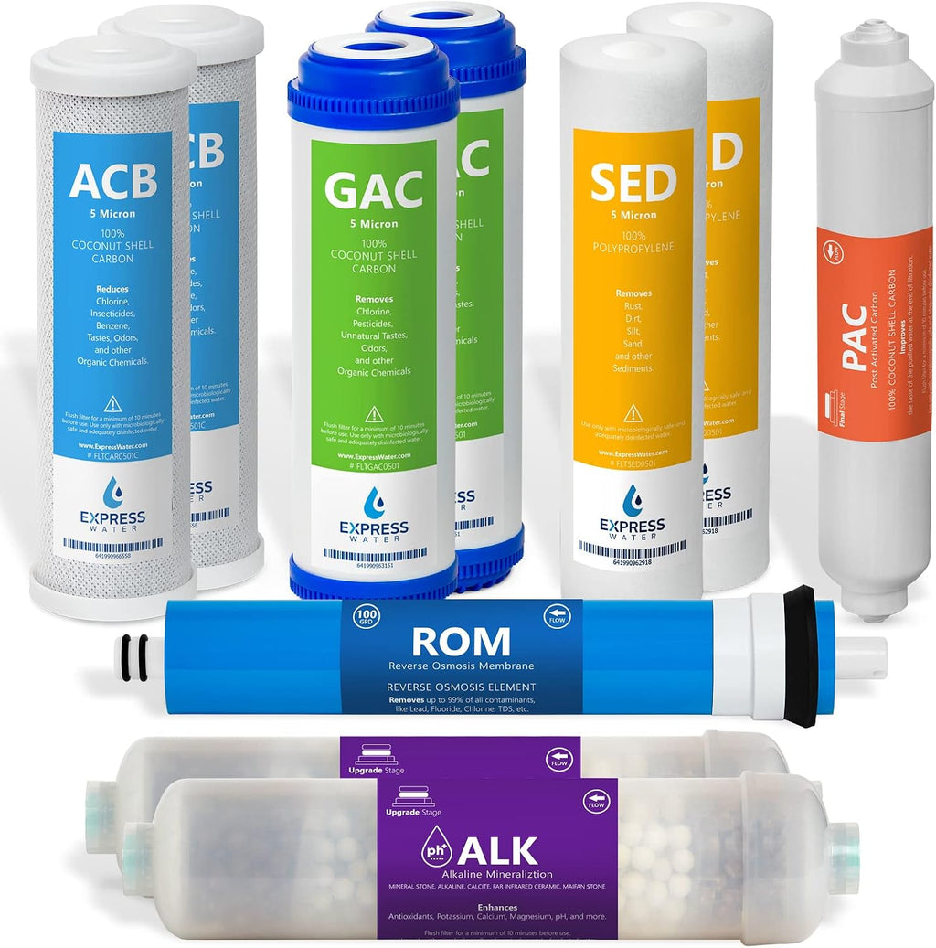 Express Water – 1 Year Alkaline Reverse Osmosis System Replacement Filter Set – 10 Filters with 100 GPD RO Membrane – 10 inch Size Water Filters