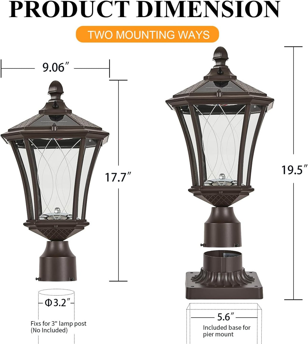Dusk to Dawn Solar Outdoor Post Lights, Brown Outside Pillar Lights with Pier Mount Base, Waterproof Aluminum Solar Pole Lamps Head with Patterned Glass for Yard, Path, Garden