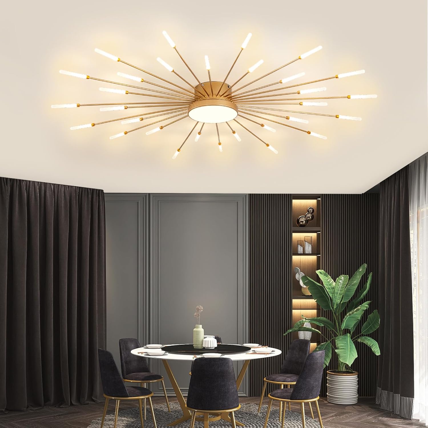 ziidoo Modern Ceiling Light,30+1 Lights Metal Firework Designed Chic Led Lighting Fixture for Farmhouse Kitchen Dining Room Bedroom Hallway Living Room (Gold and Dark Gold)