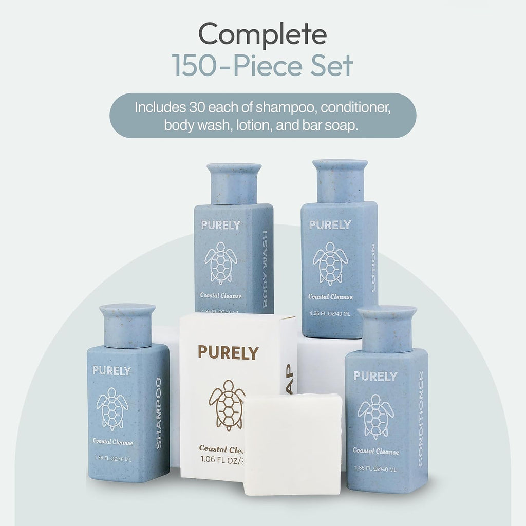 Purely | 150pc set | Hotel Soaps and Toiletries Bulk set | Airbnb Essentials for Hosts | Mini Travel Size Shampoo and Conditioner Sets | Bulk Travel Size Toiletries | Homeless Supplies Bulk