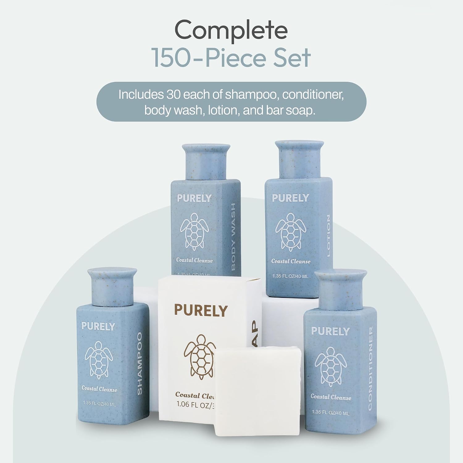 Purely | 150pc set | Hotel Soaps and Toiletries Bulk set | Airbnb Essentials for Hosts | Mini Travel Size Shampoo and Conditioner Sets | Bulk Travel Size Toiletries | Homeless Supplies Bulk
