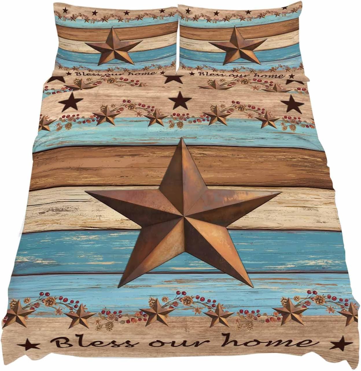 Western Texas Star Retro Cal King Sheet Set 4 Piece Bedding - Country Farmhouse Light Blue Brown Wood Breathable Comfy Cooling Bed Sheets & Pillowcase Sets,Hotel Flat Sheets Deep Pockets Fitted Sheet