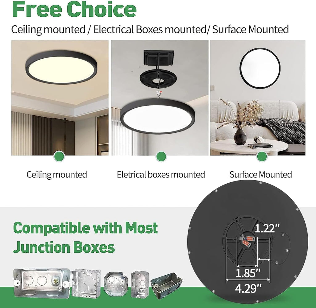 12 Inch 12PK Dimmable LED Flush Mount Ceiling Light,2700K/3000K/4000K/5000K/6000K CCT Selectable, Round Flat Panel Ceiling Lamp for Bedroom/Bathroom/Living Room (Black, 12' 12PK)