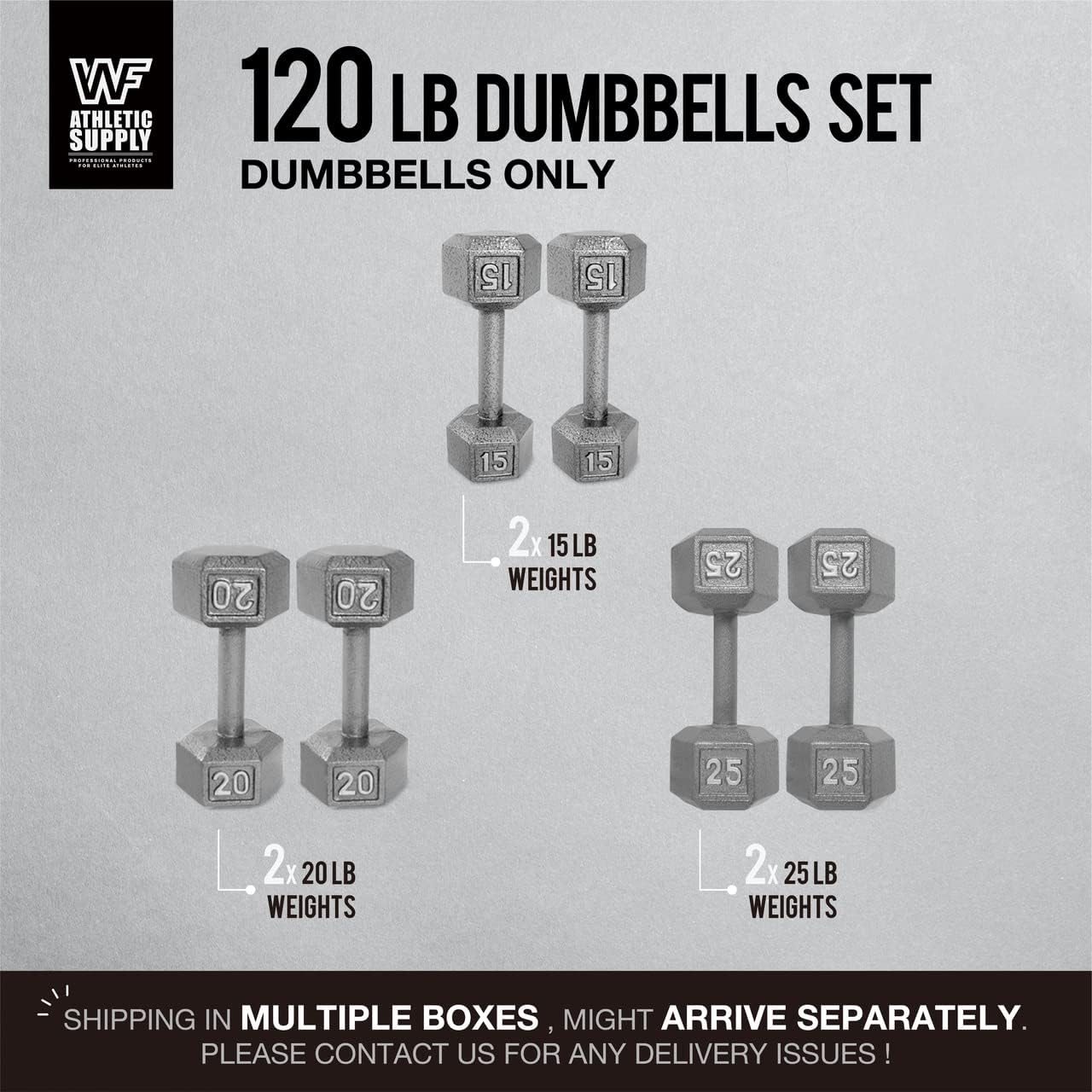WF Athletic Supply Cast Iron Dumbbell Set, Solid Hexagon Grey Dumbbell Set, Strength Training Free Weights for Women & Men