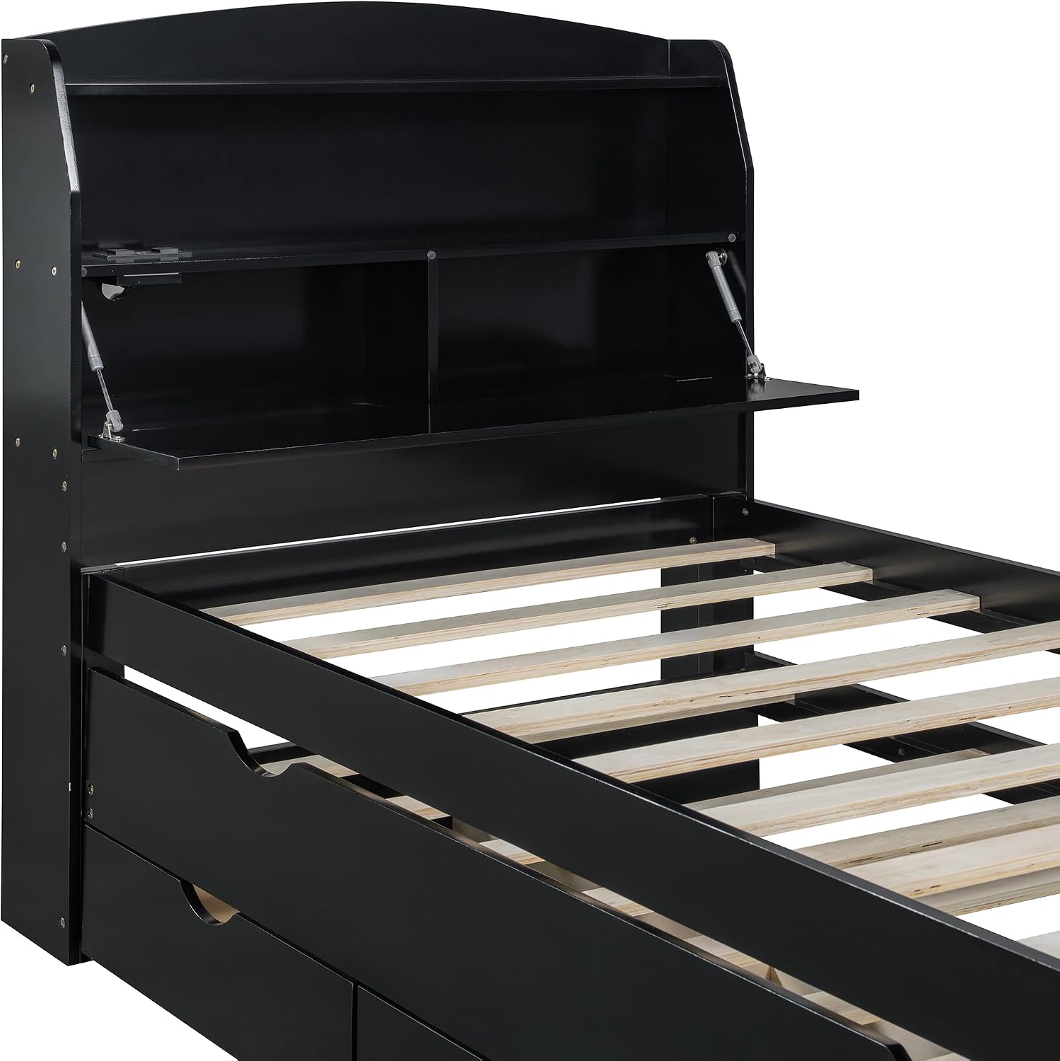 Merax Twin Size Bed Frame with Flip-Up Storage Headboard, Black Twin Bed with 3 Drawers and Trundle, Wooden Bed Frame Twin a Set of Sockets & USB Ports, No Box Spring Needed