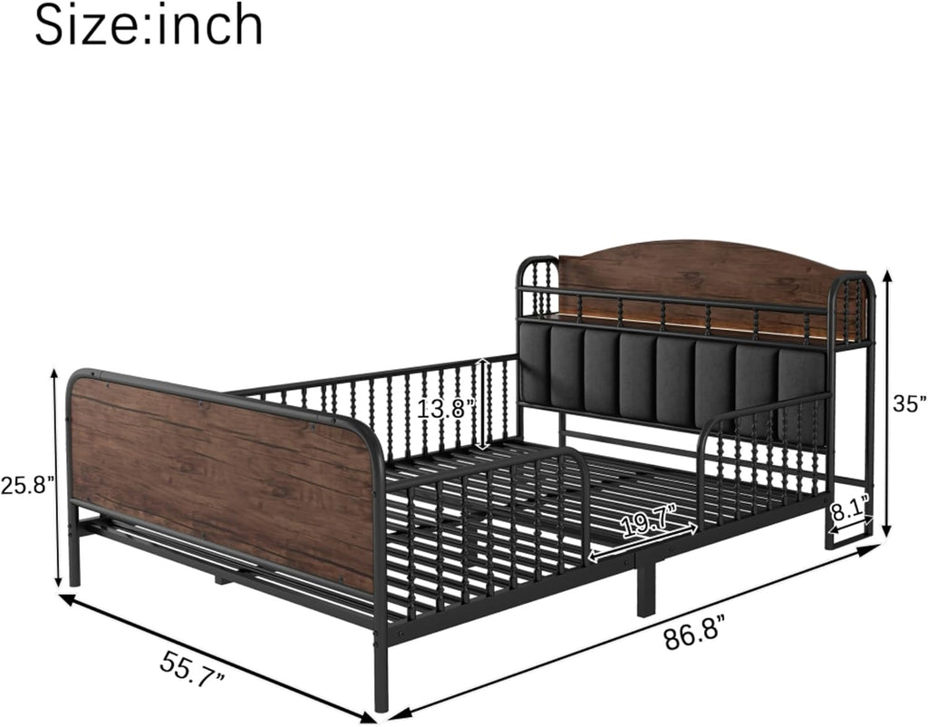 Modern Upholstered Platform Bed Frame with App Controlled LED Lights Storage Headboard Full Length Guardrails Low Profile Design Metal Structure for Bedroom (Black,Full)