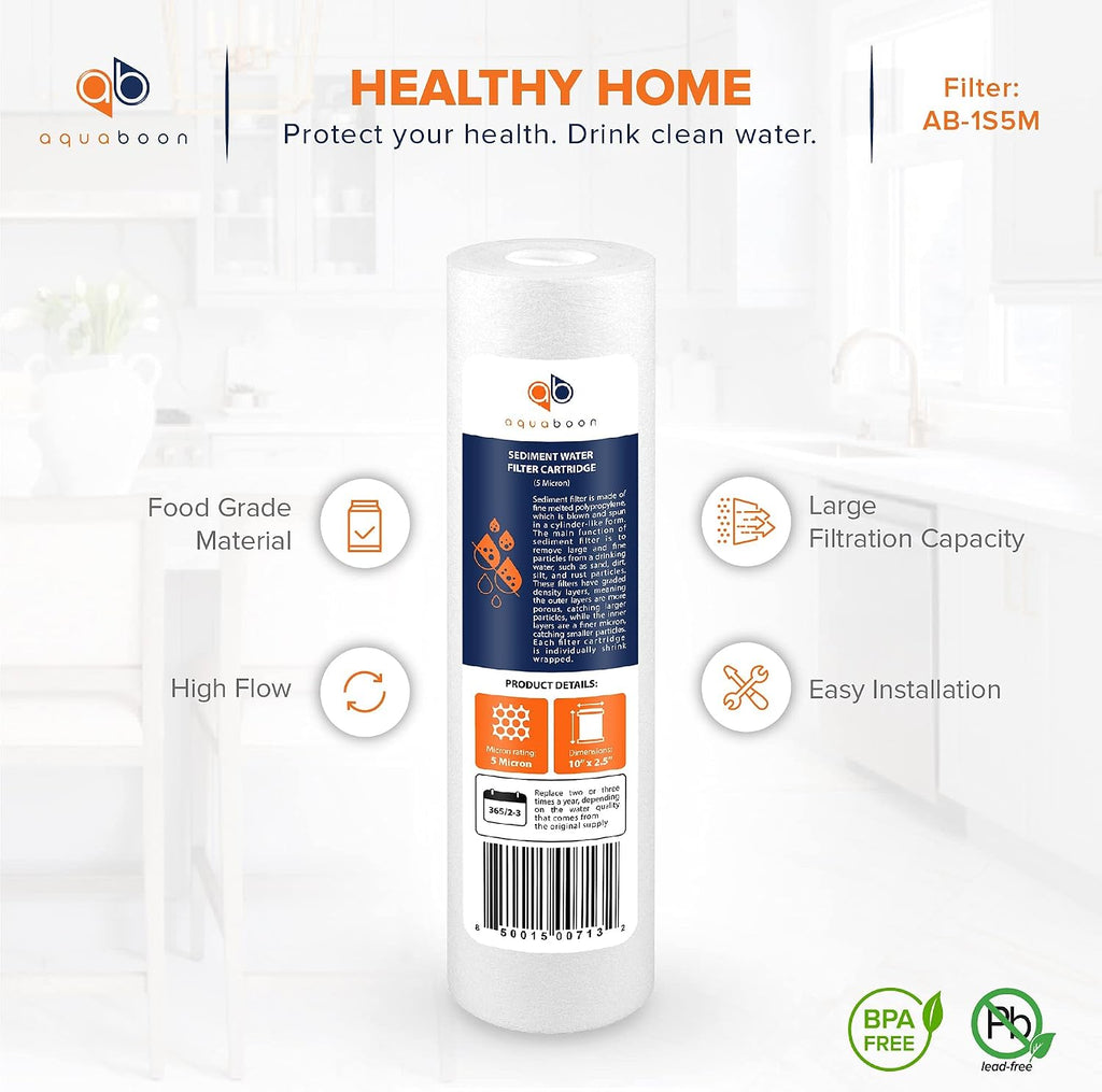 Aquaboon 5 Micron 10 x 2.5 Sediment Filter - Whole House Water Filter Replacement Compatible with Well Water Filters - P5, AP110, WHKF-GD05, 50 Pack