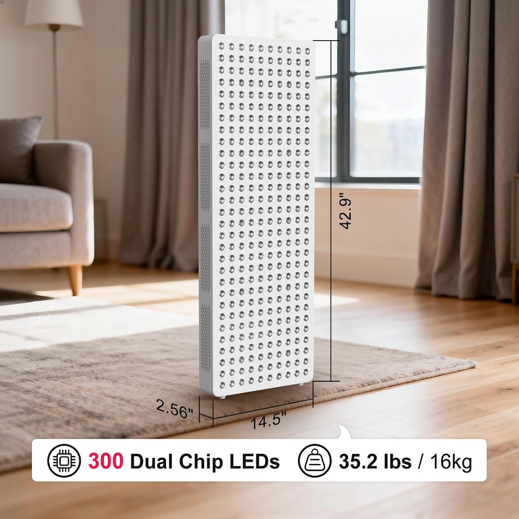 BONTANNY Red Light Therapy Full Body Panel, 480/630/660/810/830/850/1060nm 7 Wavelengths Blue Red Near Infrared Light Device with 300 Dual Chip Clinical Grade LEDs, Remote Control, Timer, BO-1500