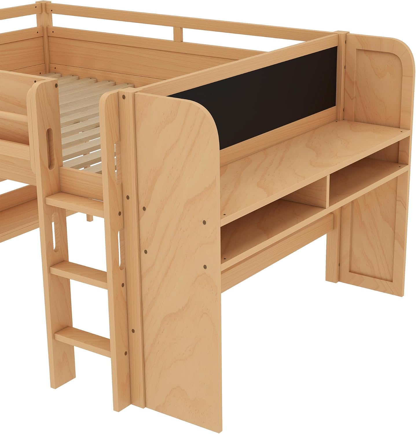 MERITLINE Full Loft Bed with Desk & Blackboard, Twin Multi-Functional Bed with Storage, All-in-One Study & Play Design (Natural)
