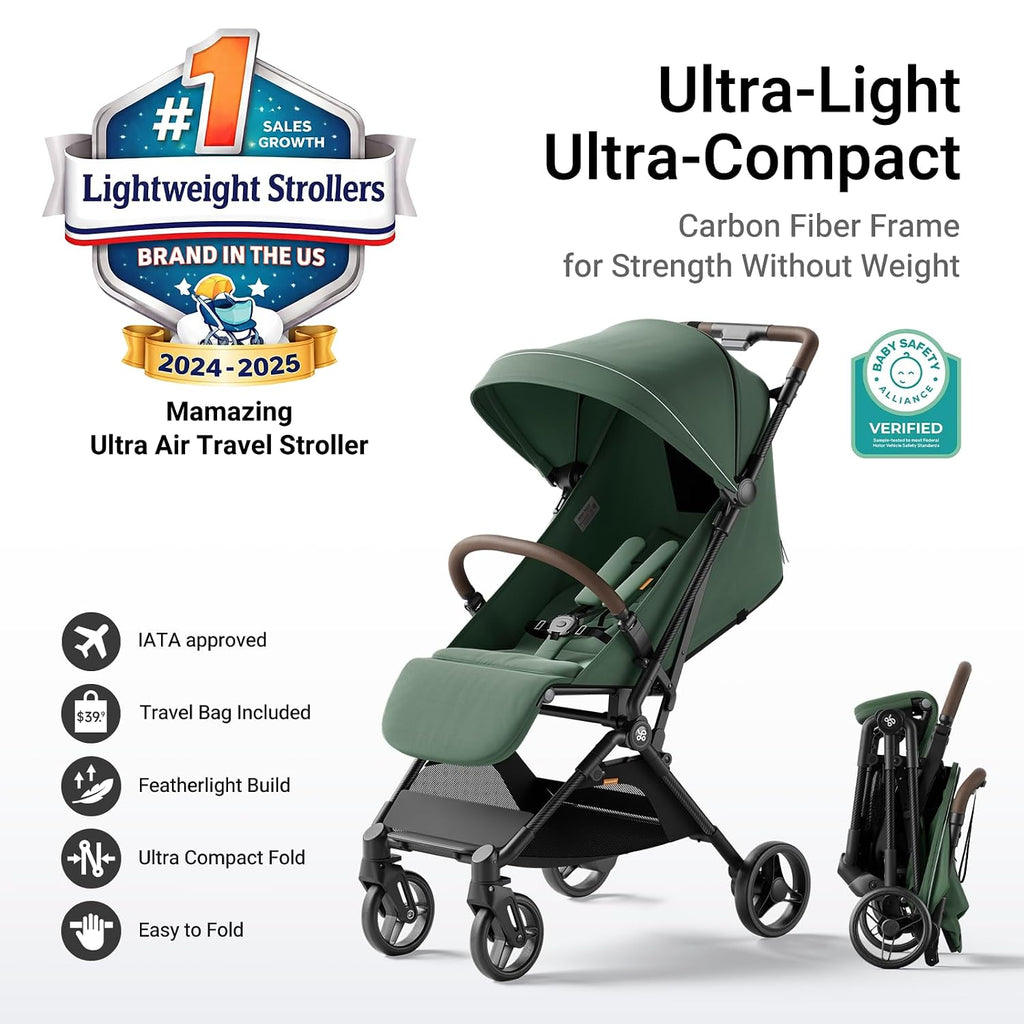 MAMAZING Ultra Air Lightweight Baby Travel Stroller with Carbon Fiber Frame, Compact & Airplane-Friendly, One-Handed Fold, 11.6 lbs, Perfect for Toddlers, Green