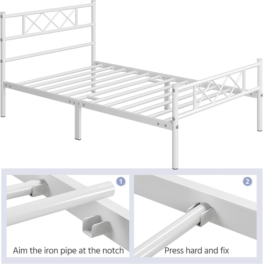 Yaheetech White Twin Metal Platform Bed Frame Mattress Foundation with Headboard and Footboard Under Bed Storage Steel Slats No Box Spring Needed 2Pcs