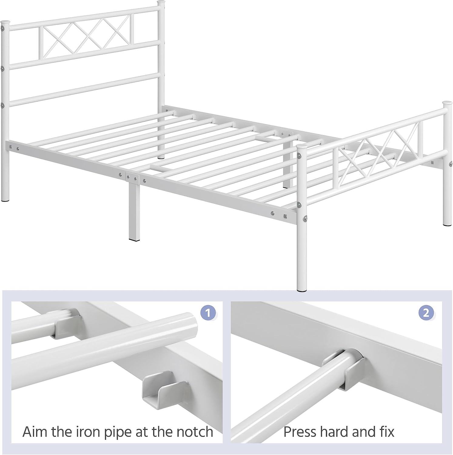 Yaheetech White Twin Metal Platform Bed Frame Mattress Foundation with Headboard and Footboard Under Bed Storage Steel Slats No Box Spring Needed 2Pcs