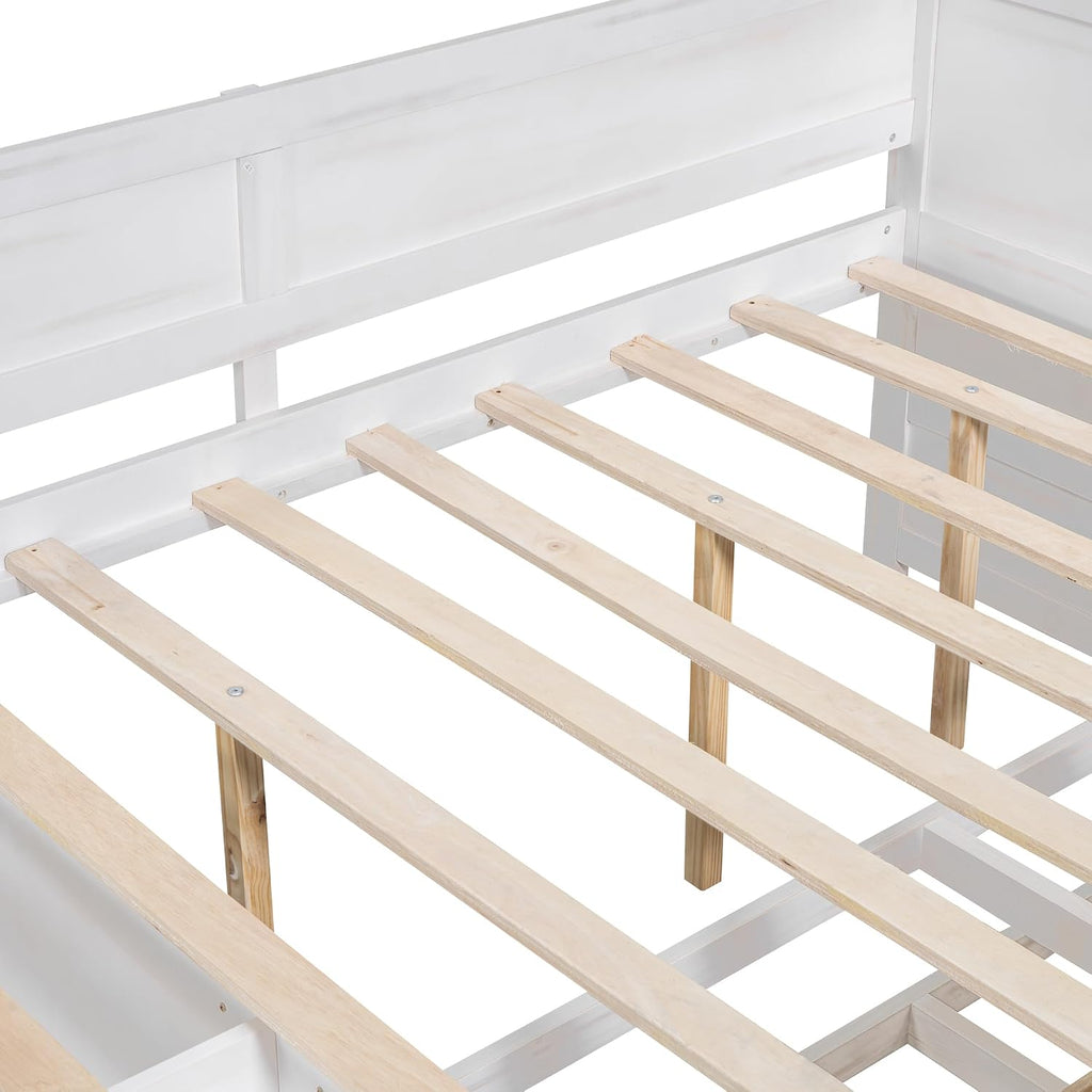 Full Size Daybed with 4 Pull-Out Drawers and 3 Functioning Shelves,Solid Wood Day Bed Frame with Wooden Slats Support for Bedroom,No Box Spring Required (White-AB41)