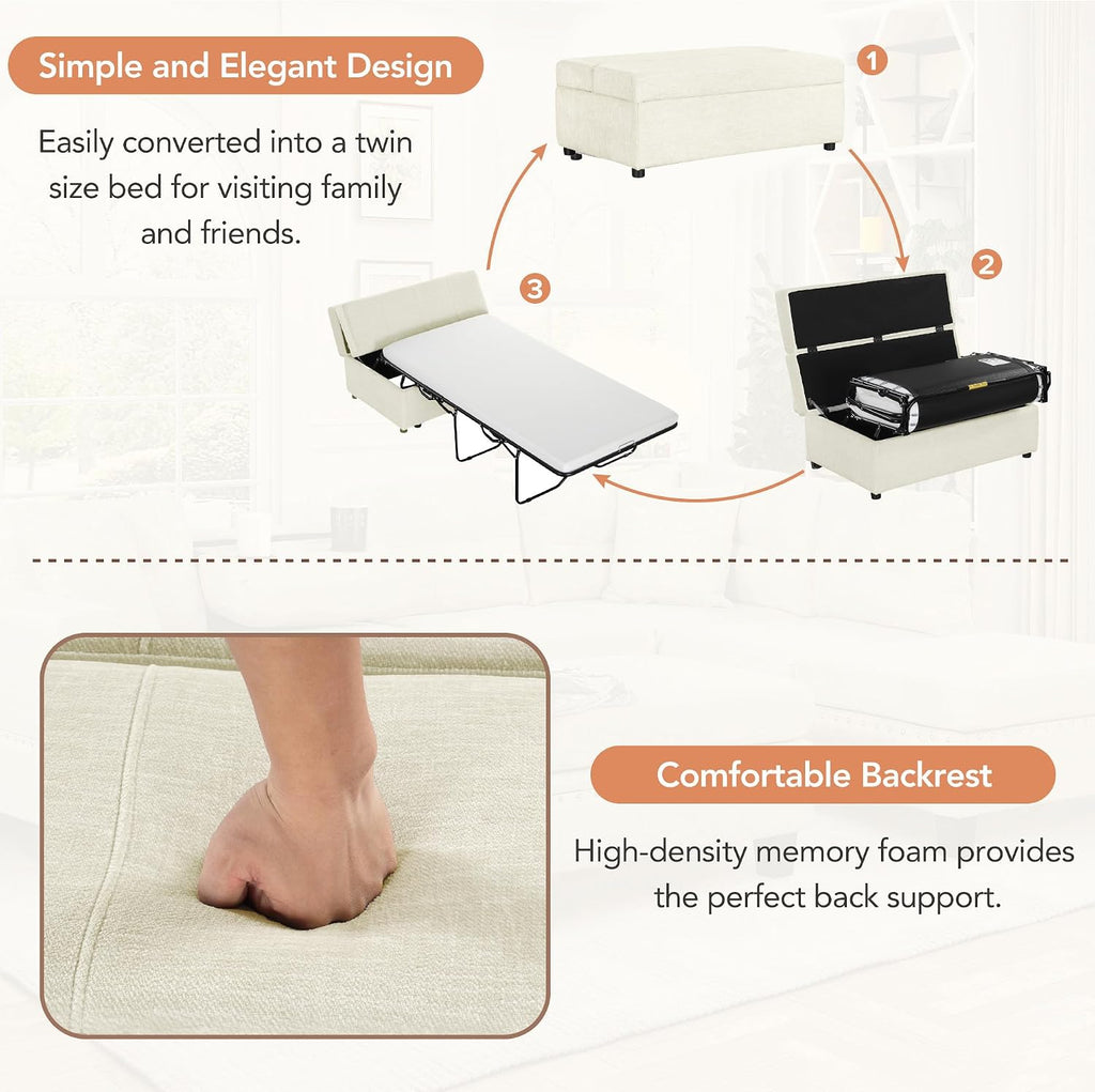 Folding Ottoman Sleeper Bed with Foldable Foam Mattress, Faux Leather Upholstered with Pull Out Bed and Steel Frame Base, Twin Size, for Living Room Bedroom Office (White Chenille)