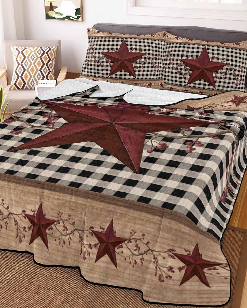 Quilt King Size Bedding Set, Red Texas Star Farmhouse Lightweight Summer Quilt 3 Pieces Bedding Sets, Black Plaid Berry Country Reversible Soft Bedspreads Coverlets with 2 Pillow Shams for All Season
