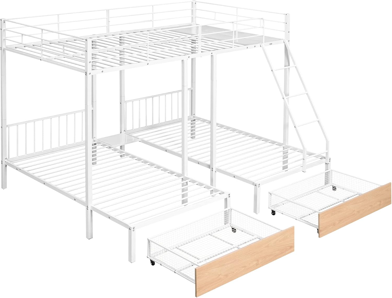 DEINPPA Triple Bunk Bed with Drawers, Can Be Separated into 3 Beds, Full Over Twin & Twin Bunk Bed,Metal Bed for Adult Kids Student Dormitory Bedroom Furniture Set, White
