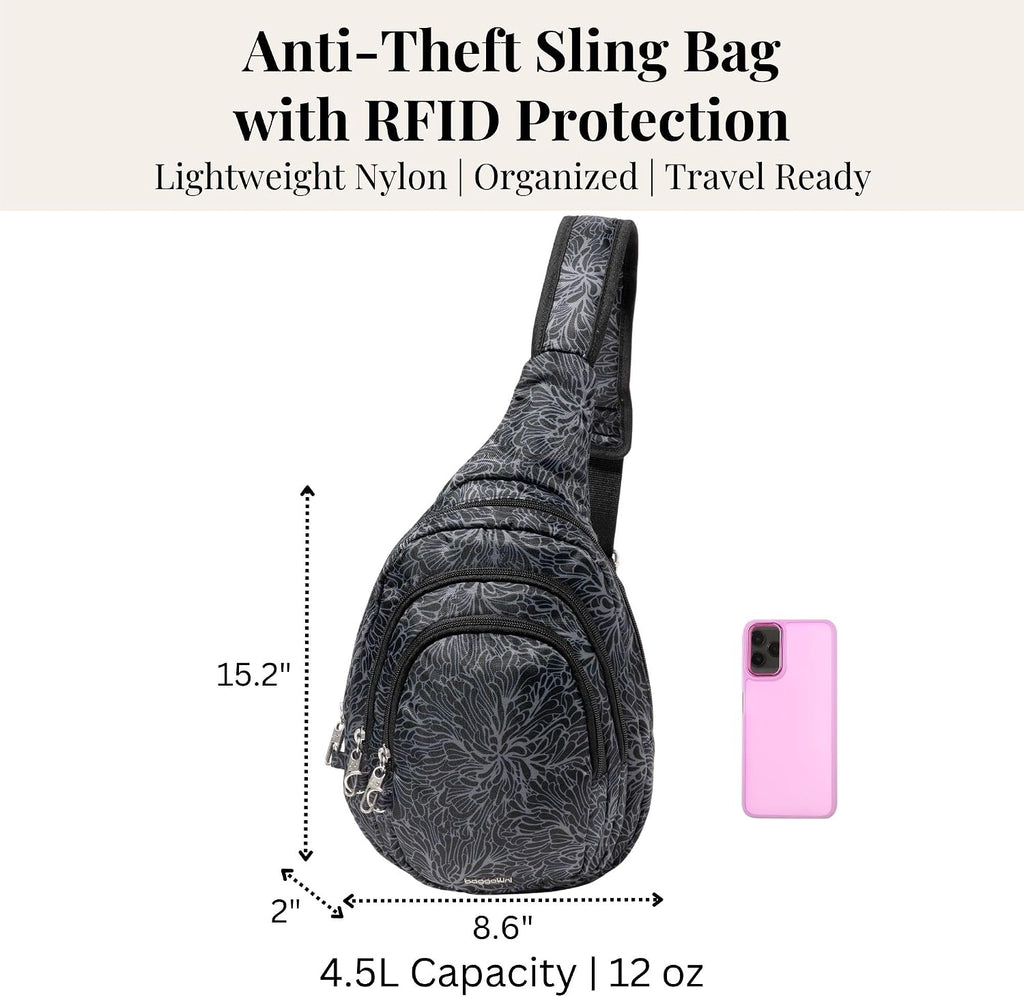 Baggallini Securtex® Anti-Theft Multi Zip Sling - Lightweight 8.6'x15.2' Travel Bag with Locking Zippers & RFID Protection