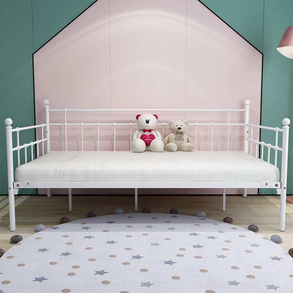 HOMERECOMMEND Metal Daybed Frame Steel Slats Platform Base Box Spring Replacemen Bed Sofa for Living Room Guest Room (Twin, White).