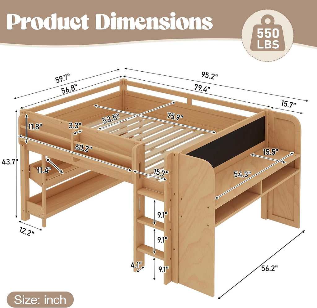 MERITLINE Full Loft Bed with Desk & Blackboard, Twin Multi-Functional Bed with Storage, All-in-One Study & Play Design (Natural)