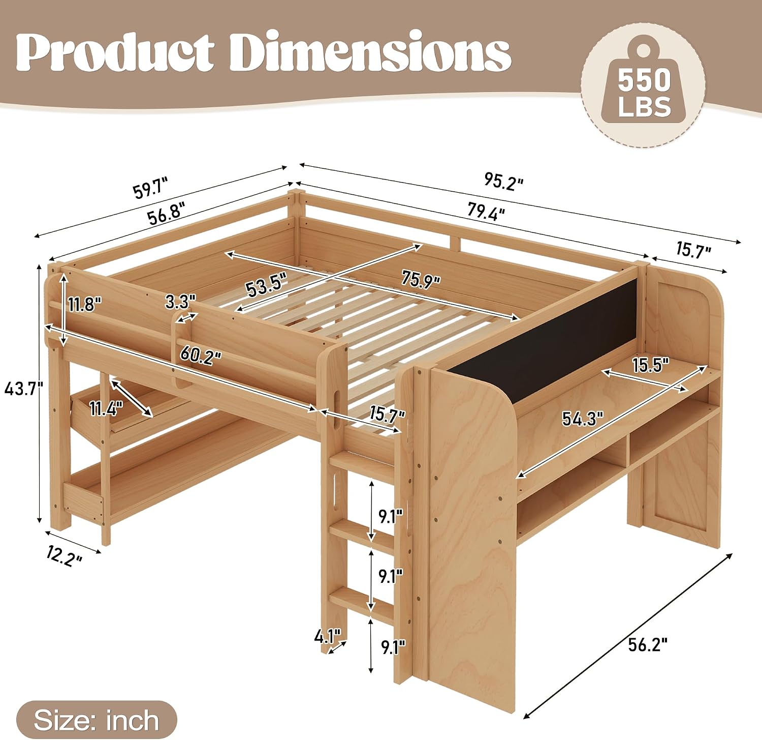MERITLINE Full Loft Bed with Desk & Blackboard, Twin Multi-Functional Bed with Storage, All-in-One Study & Play Design (Natural)