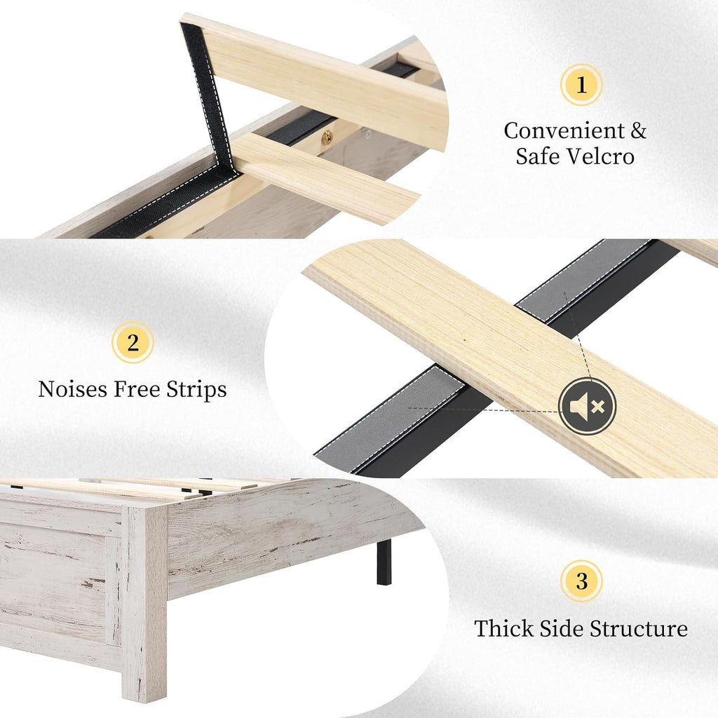 LUXOAK Farmhouse Full Bed Frame with 49' Tall Headboard, Wooden Platform Bed with Hidden Metal Bed Frame, No Box Spring Needed/Noise Free, Distressed White