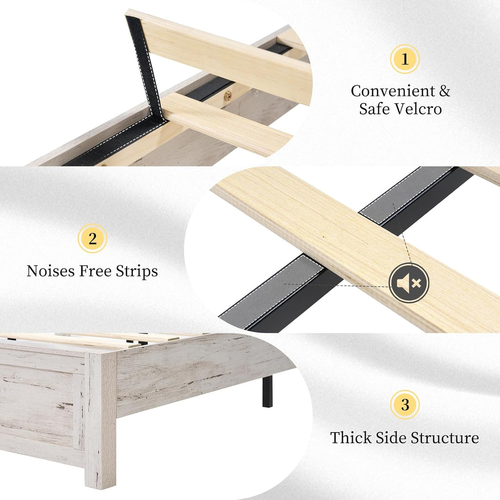 LUXOAK Farmhouse Queen Bed Frame with 49' Tall Headboard, Wooden Platform Bed with Hidden Metal Bed Frame, No Box Spring Needed/Noise Free, Distressed White