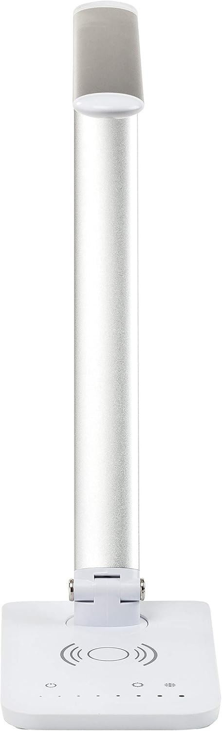 Safco 1009SL, Pivoting Neck, Built-in Wireless, USB Port Vamp LED Lamp with Charging Pad, Silver, 16' D x 5' W x 16.75' H