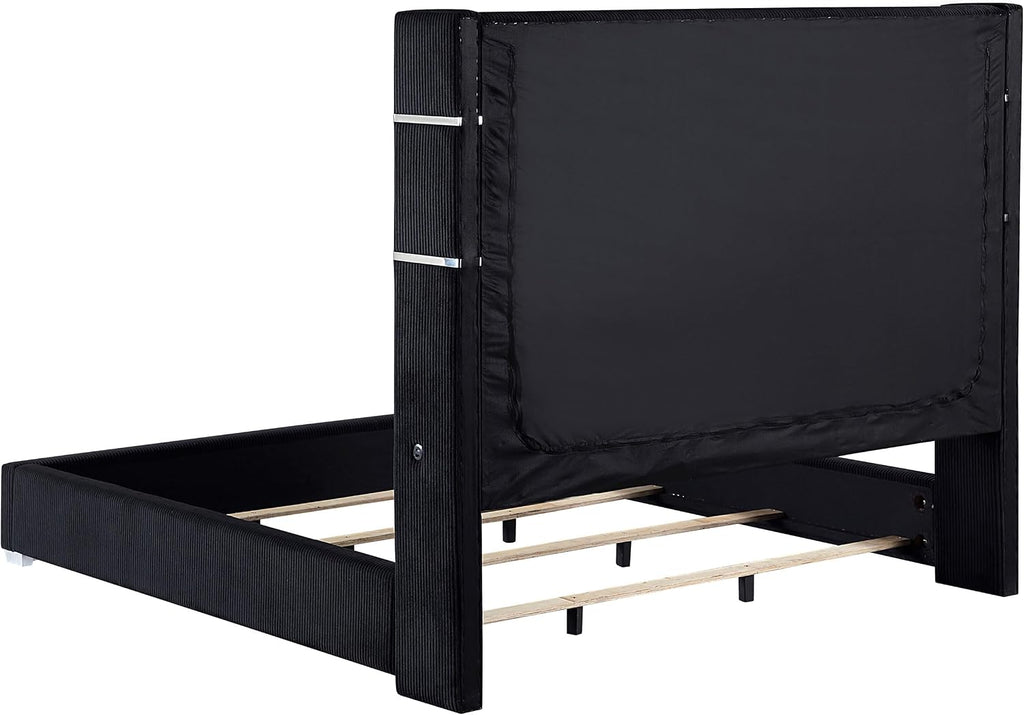 Coaster Home Furnishings Tisdall Contemporary Corduroy Upholstered California King Size Flame Visualizer Wingback Bed Frame 67-inch Headboard with USB Charging Outlet Black 306031KW